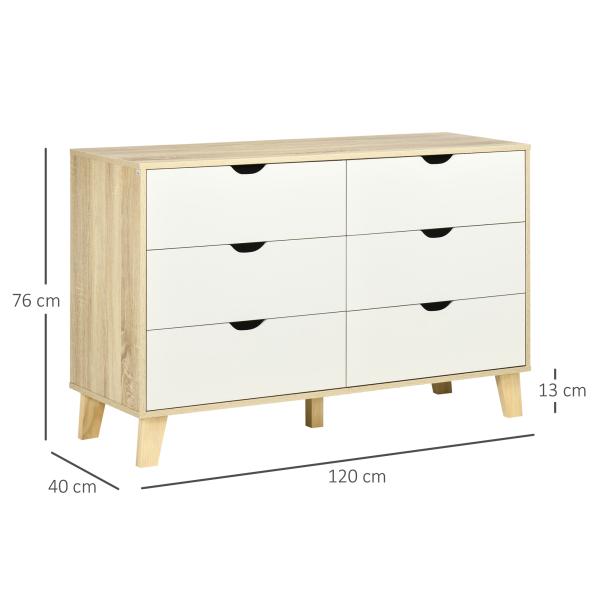 Cómoda com 6 Gavetas e Pés Elevados Cómoda para Dormitório Estilo Moderno Anti - Tombo 120x40x76cm Madeira e Branco