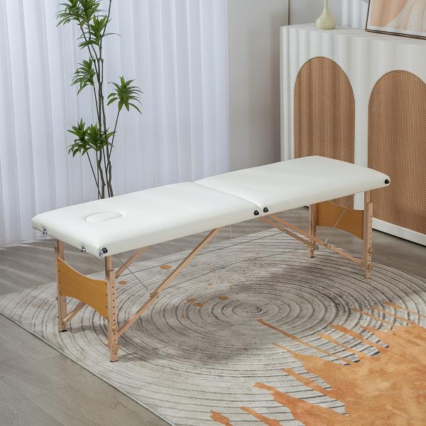 Marquesa de Massagem Dobrável com Estrutura em Madeira, Altura Ajustável e Bolsa de Transporte, 186x60x61 - 87 cm, Creme