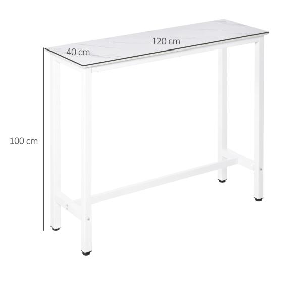 Mesa de Bar Mesa Alta com Bancada de Efeito Marmorizado e Pés de Metal Estilo Moderna para Cozinha Bistro Cafeteria 120x40x100cm Branco