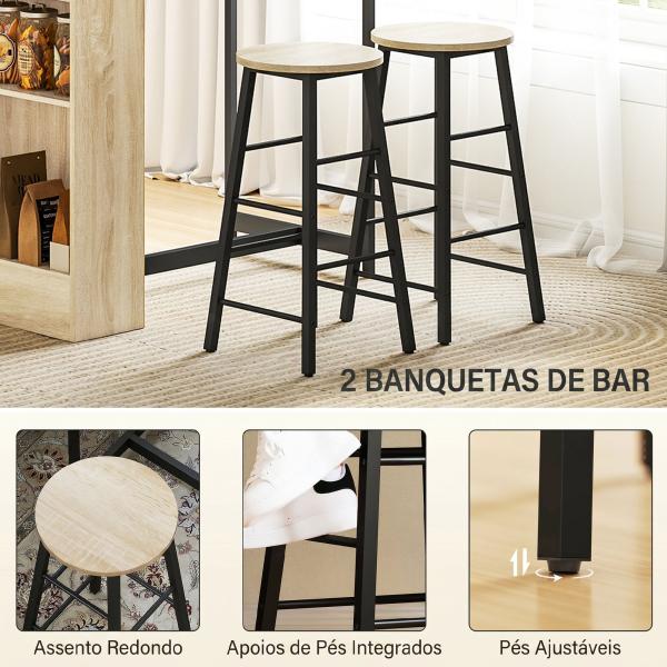 Conjunto Mesa Alta com 2 Bancos Apoios para os Pés 3 Compartimentos Prateleira Ajustável para Cozinha Carvalho