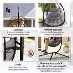 Cadeira Suspensa com Suporte Baloiço Jardim com Cesto Dobrável Almofada e Apoio de Cabeça 98x95x198 cm Cinzento