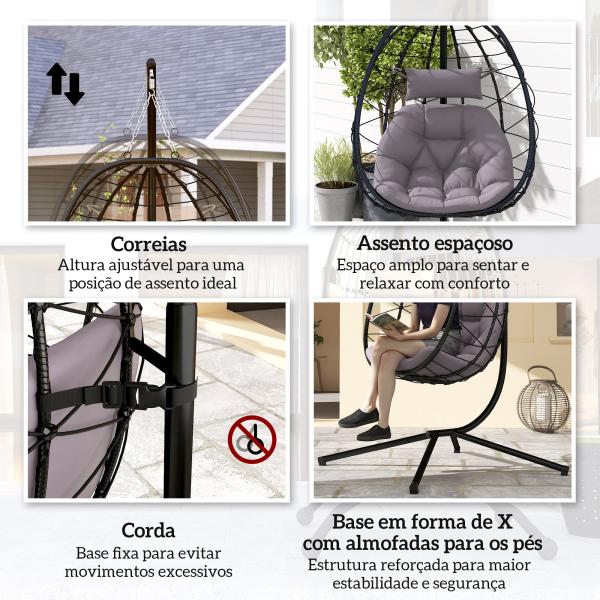 Cadeira Suspensa com Suporte Baloiço Jardim com Cesto Dobrável Almofada e Apoio de Cabeça 98x95x198 cm Cinzento