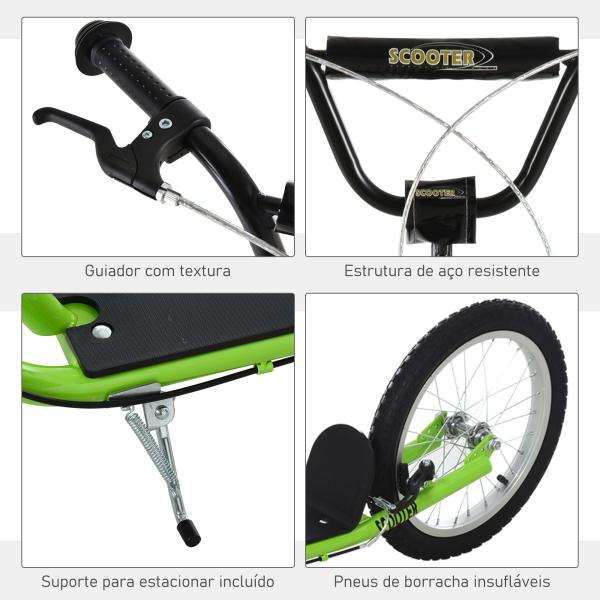 Trotinete com Guiador Ajustável 2 Pneus de Borracha Insufláveis com Travagem Dupla e Rodas 16" 139x58x90 - 96 cm Verde