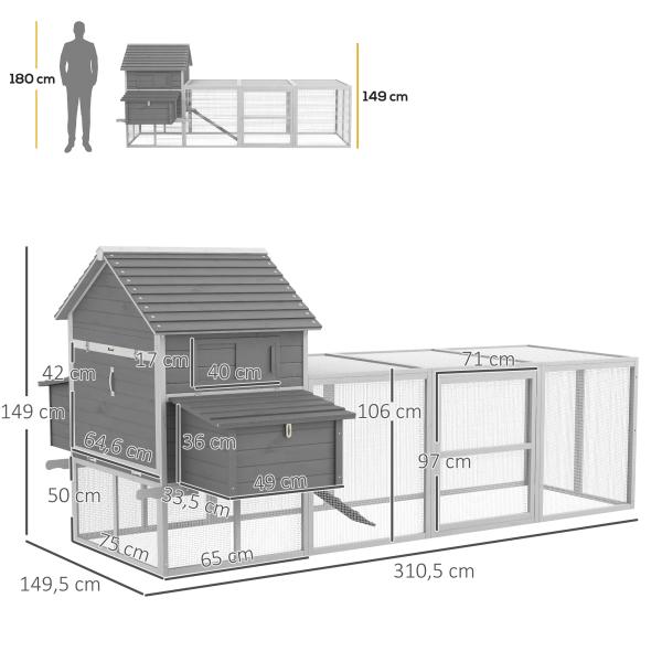 Galinheiro Grande de Madeira para 4 - 6 galinhas com Casa Principal Ninhos Área Aberta de 2,25 ㎡ 310,5x149,5x149 cm Cinza