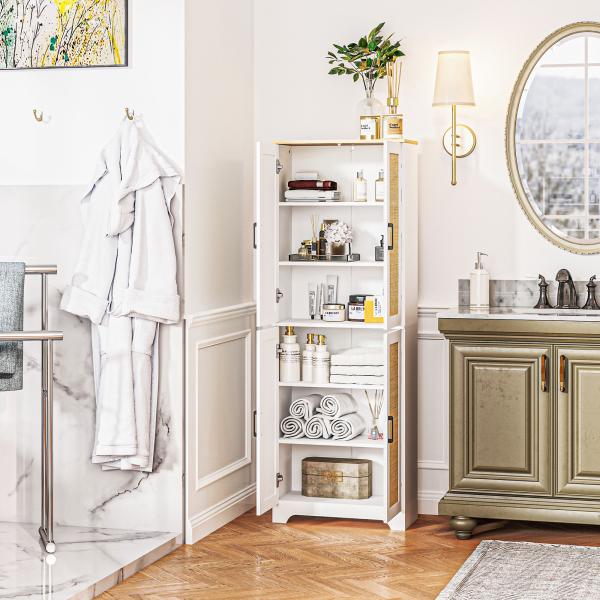 Armário de Cozinha com Prateleiras Ajustáveis Portas em Vime e Sistema Anti - Tombo 60x30x170 com Branco