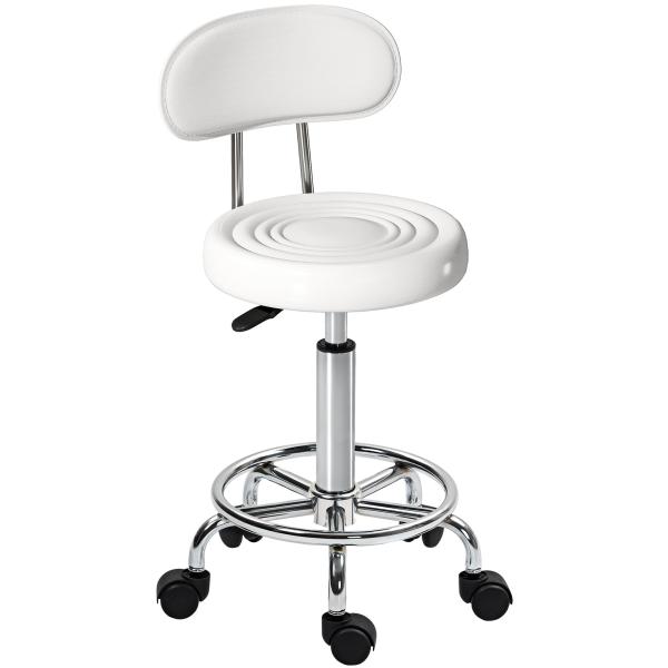Banco Giratório com Rodas e Encosto Banco de Trabalho com Altura Ajustável Banco Estofado em Couro Sintético 32x40x70x70 - 86 cm Branco