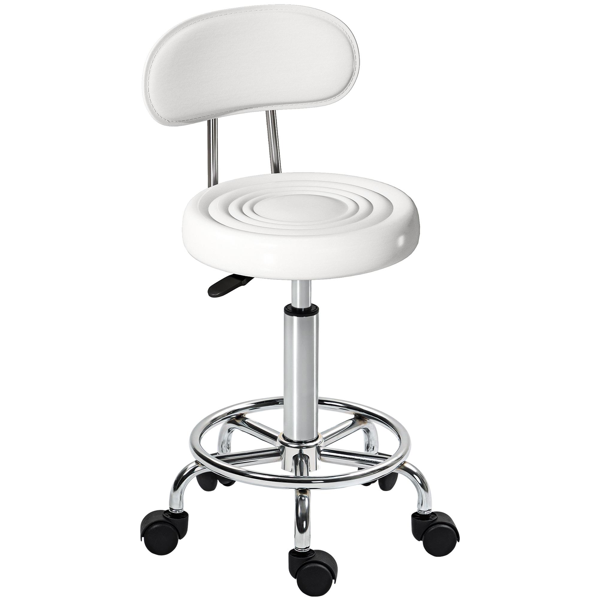 Banco Giratório com Rodas e Encosto Banco de Trabalho com Altura Ajustável Banco Estofado em Couro Sintético 32x40x70x70 - 86 cm Branco