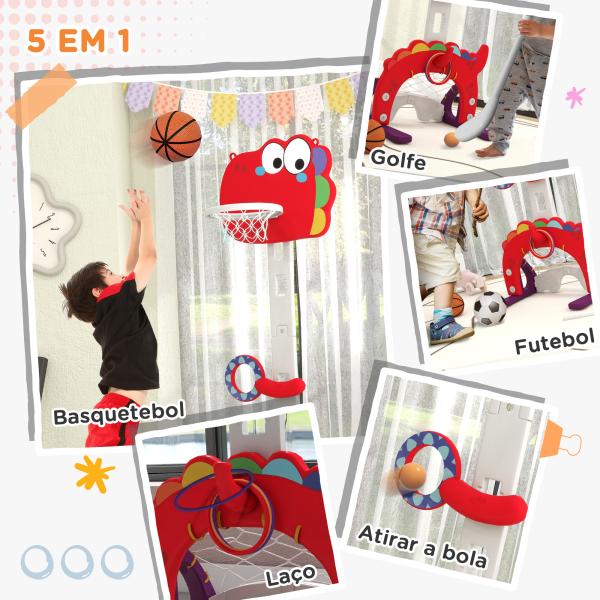 Tabela de Basquetebol 5 em 1 com Altura Ajustável Futebol Golf Aros Jogo de Lançamento 46x51x134 - 152 cm Vermelho