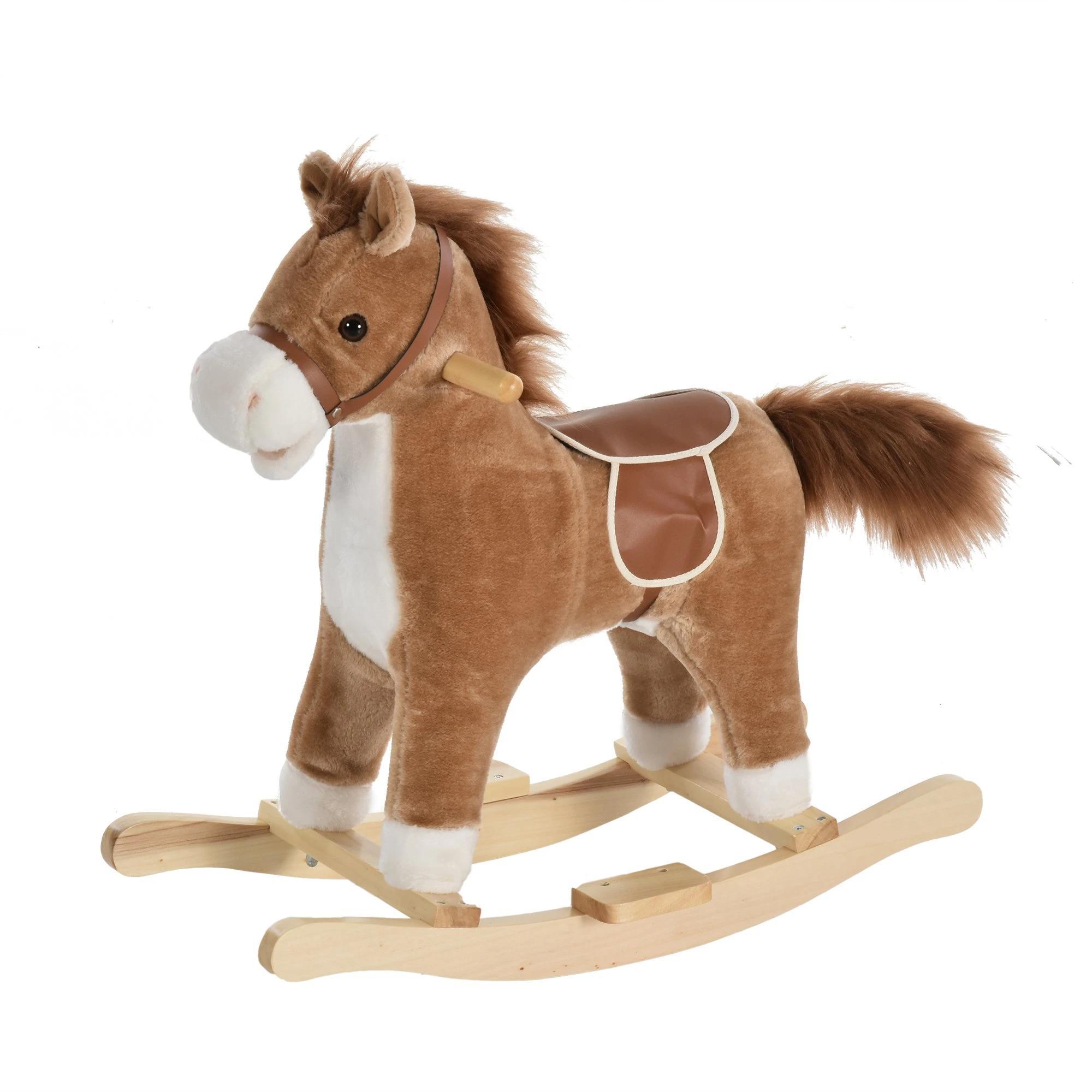 Cavalo Baloiço para Crianças Cavalo Baloiço de Pelúcia Suave com Música Relinchos Sons de Galope Boca e Cauda Móveis 65x32,5x61 cm Marrom