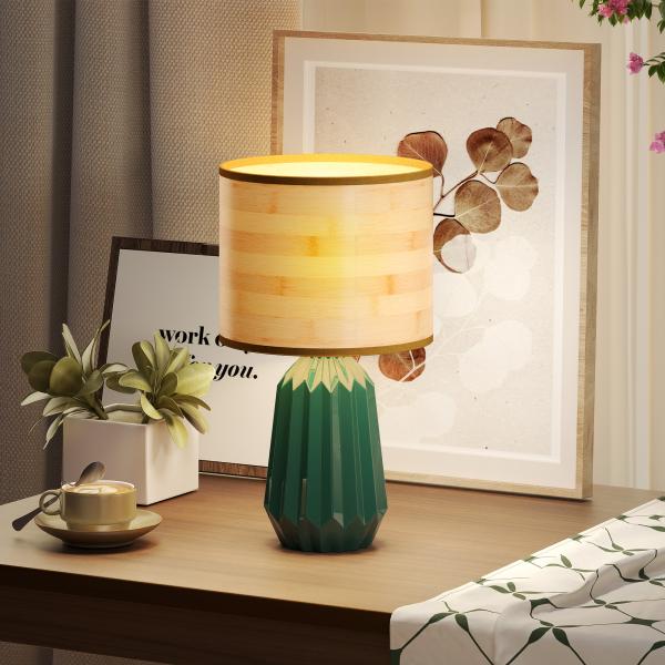 Candeeiro de Mesa com Base de Cerâmica e Ecrã de Linho Estilo Retro com Interruptor E27 40W Verde e Madeira