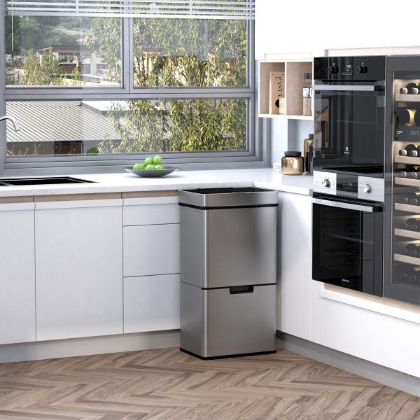 Balde de Lixo 72L com Abertura Automática de Aço Inoxidável e Reciclagem para Cozinha 42x30x81 cm Prata