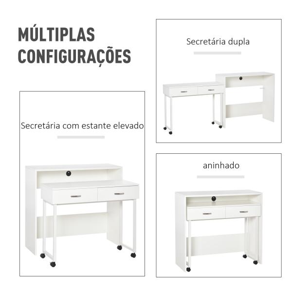 Conjunto de 2 mesas secretária para escritório com rodas 2 gavetas 100x36x88 cm Branco