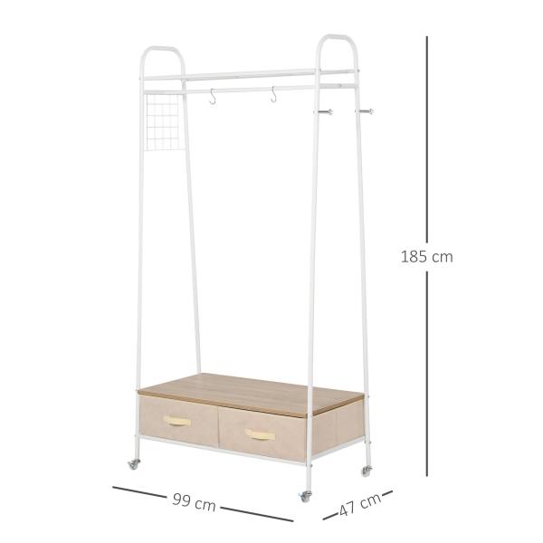 Suporte para Cabides de Metálico Cabideiro com Rodas Prateleira e 2 Gavetas para Organizar Roupas Bolsos 99x47x185cm Branco