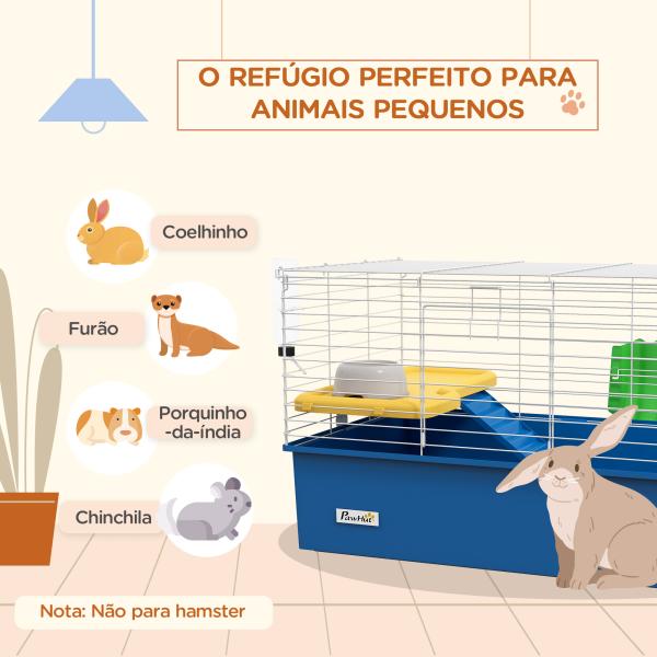 Gaiola para Visons com Bandeja Gaiola para Animais Pequenos com Plataforma Rampa Comedouro e Bebedouro 71x46x47 cm Branco e Azul