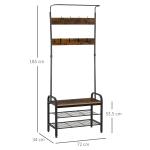 Móvel Cabide de Entrada com 8 Ganchos e Sapateira Armário de Entrada com Cabides 72x34x185cm Marrom e Preto