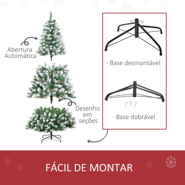 Árvore de Natal Artificial 180cm com 800 Ramos e 61 Pinhas Folhas de PVC com Efeito Neve Base Dobrável Verde