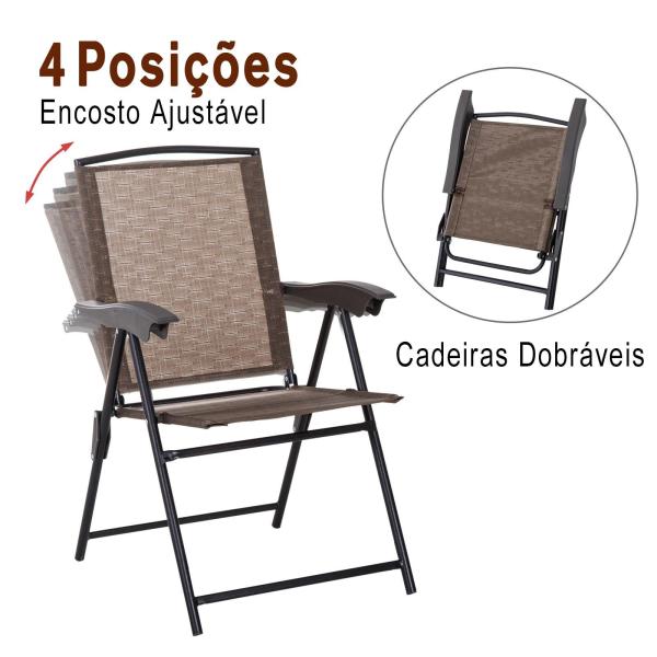 Conjunto de Mesa e 2 Cadeiras Cadeira Dobrável Encosto Reclináveis a 4 Níveis Armação de Aço Marrom