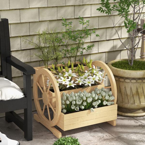 Floreira de Madeira com 3 Níveis para Exterior Design em Escada com Rodas e Orifícios de Drenagem 61x62x57 cm Madeira