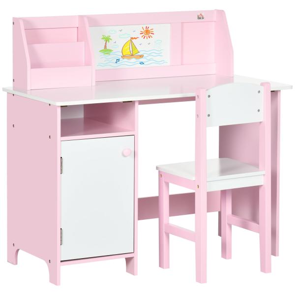 Conjunto de Mesa e Cadeira Infantil de Madeira com Quadro Branco Mesa de Estudo para Crianças acima de 5 Anos 90x45x85cm Rosa