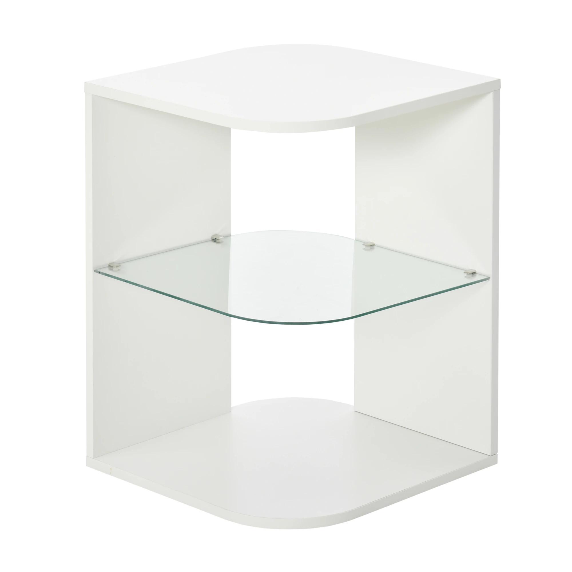 Mesa Auxiliar Moderna Mesa de Cabeceira com 3 Prateleiras 1 de Vidro para Sala de Estar Dormitório 40x40x56cm Branco