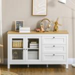 Aparador para Sala de Estar com 2 Portas de Vidro 3 Gavetas e Prateleira Ajustável para Cozinha Sala de Jantar 120x40x70 cm Branco e Madeira