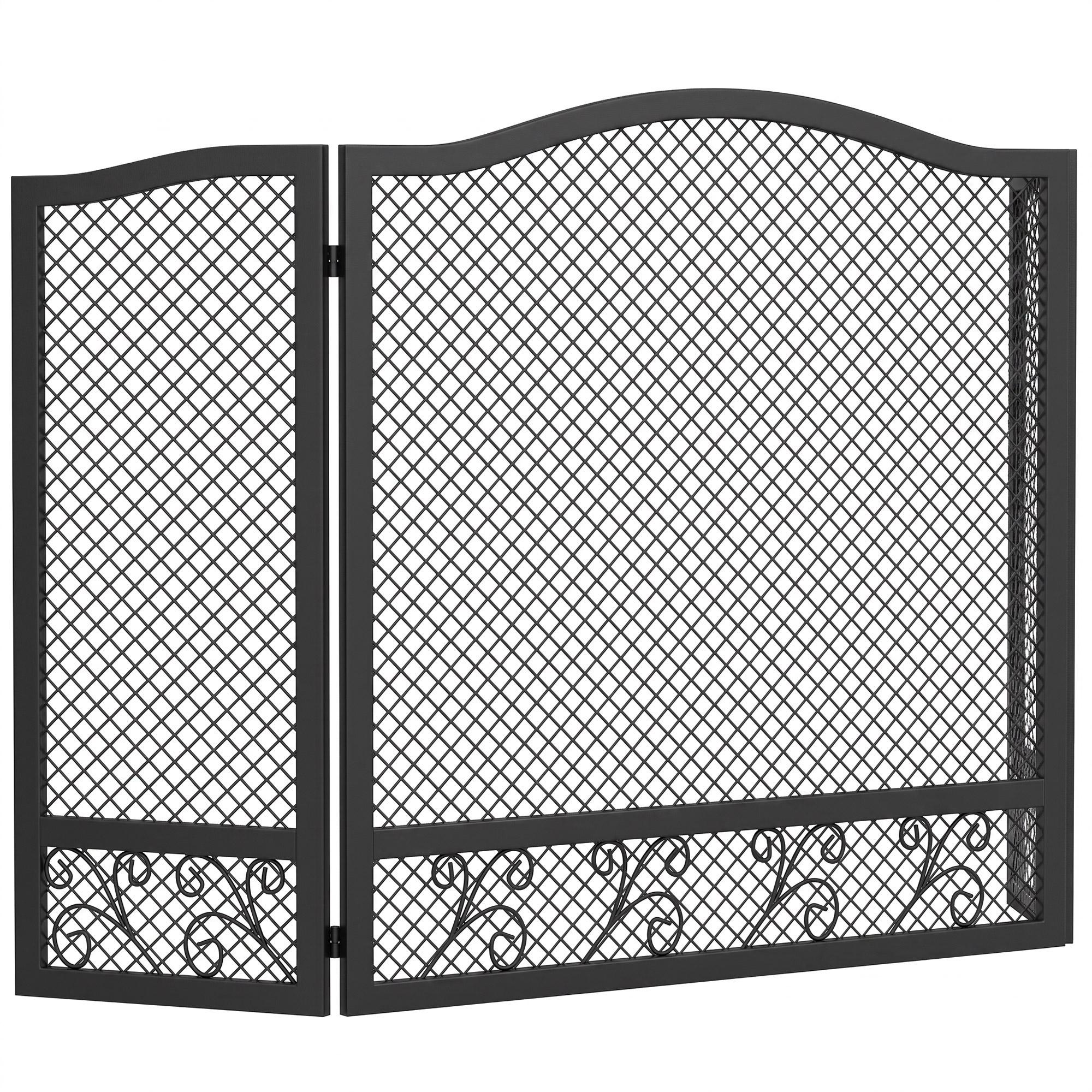 Resguardo Anti - Faíscas para Lareira Dobrável de 3 Painéis em Metal com Design Floral para Casa 107x60 cm Preto