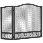 Resguardo Anti - Faíscas para Lareira Dobrável de 3 Painéis em Metal com Design Floral para Casa 107x60 cm Preto