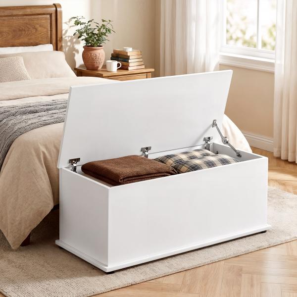 Baú de Armazenamento, Banco de Armazenamento com Dobradiça de Segurança, Estilo Moderno, para Entrada, Quarto, Sala de Estar, 100x40x40 cm, Branco