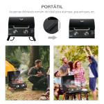 Barbecue a Gás Dobrável com 2 Queimadores Churrasqueira à Gás Portátil com Termómetro para Campismo Piquenique ao Ar Livre Jardim 55x46,5x41cm Preto