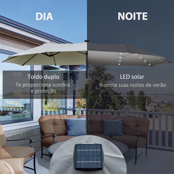 Chapéu de Sol Duplo de Jardim com 48 Luzes LED Solar 450x265x240cm com Manivela Proteção Solar para Terraço Cinza Claro