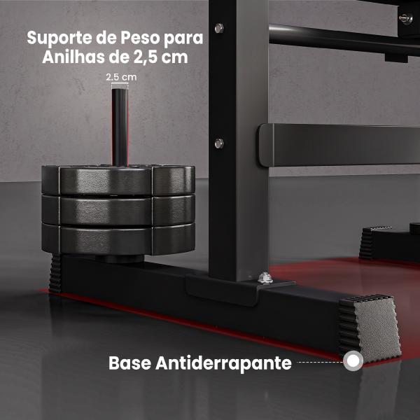 Banco de Pesos Multifuncional Dobrável com Suporte para Barras Ajustável e Estação de Dips 98 - 122x140x73 cm Preto