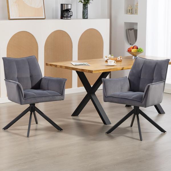 Conjunto de 2 Cadeiras de Refeição Giratórias 360° Estofado Estofamento em Veludo Pés em Aço 63x64x85 cm Cinza