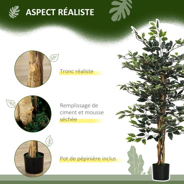Ficus Artificial com Troncos Planta Artificial com Vaso e 702 Folhas Realistas para Ø15x130 cm Verde