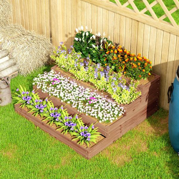 Floreira de Madeira Elevada de 4 Níveis com Desenho em Escada para Cultivos Plantas e Flores 113x113x46 cm Castanho Escuro
