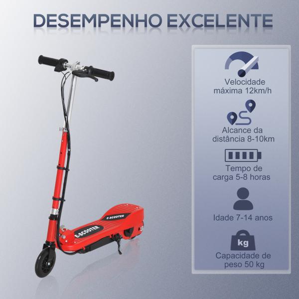 Trotinete Elétrica para Crianças + 7 Anos trotinete Dobrável com Altura Ajustável Bateria Recarregável 24V Velocidade até 12 km/h e Carga 50 kg 74x36x73 - 91 cm Vermelho