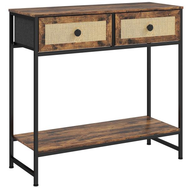 Mesa Consola Móvel de Entrada com Prateleira Aberta 2 Gavetas Frente em Vime Consola de Entrada 80x30x75 cm Marrom Rústico