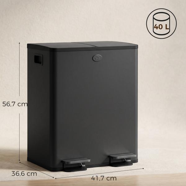 Papeleira de Cozinha em Aço Inoxidável com 2 Compartimentos 2x20L Pedal, Tampas de Fecho Suave e Balde Removível Preto