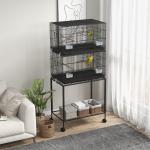 Gaiola Dupla e Empilhável para Pássaros 77x46x164 cm com Rodas Poleiros Bandeja Amovível Comedouros Baloiço e Escada Preto