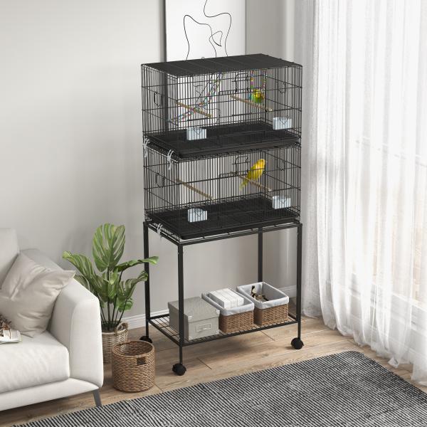 Gaiola Dupla e Empilhável para Pássaros 77x46x164 cm com Rodas Poleiros Bandeja Amovível Comedouros Baloiço e Escada Preto