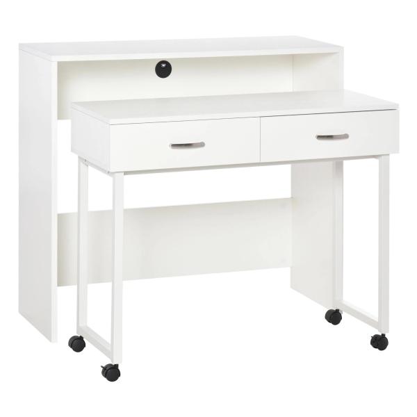 Conjunto de 2 mesas secretária para escritório com rodas 2 gavetas 100x36x88 cm Branco
