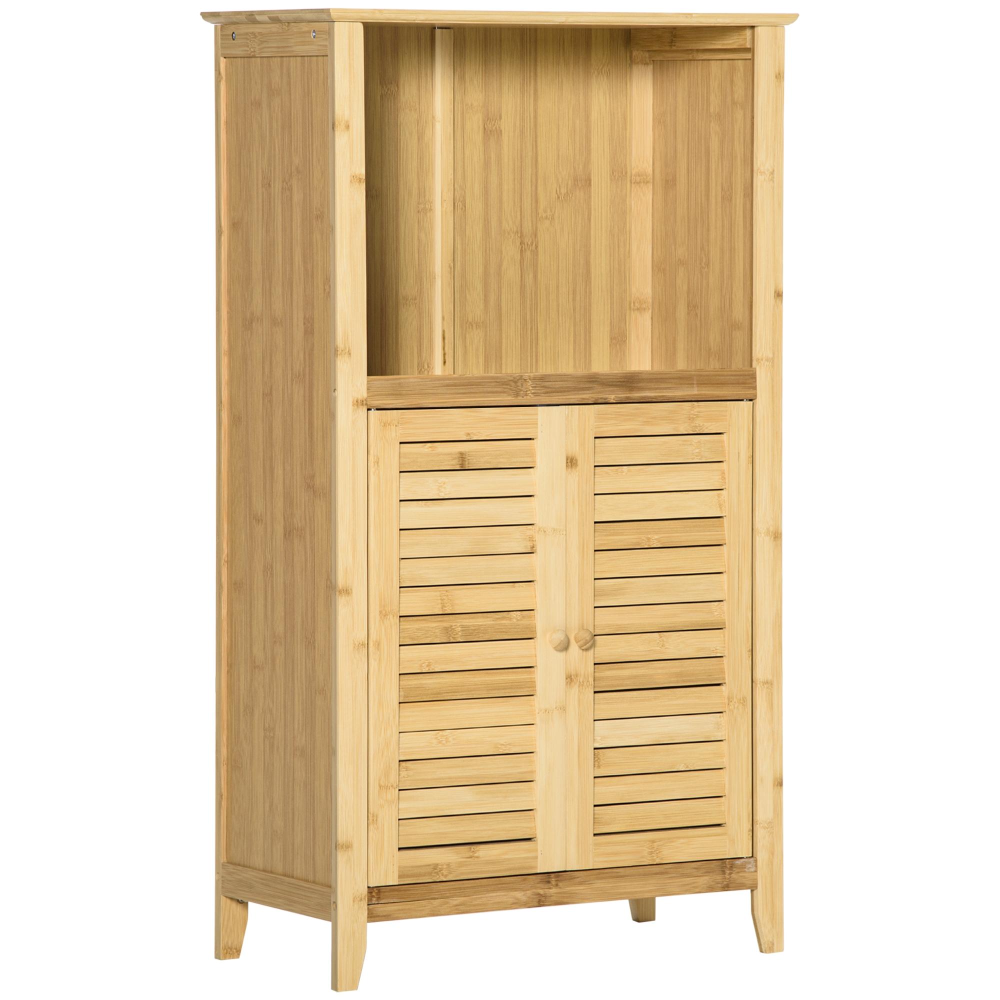 Armário Auxiliar Casa de Banho de Bambu com 2 Portas Compartimento Aberto e Prateleira Ajustável 50x25,5x92 cm Madeira