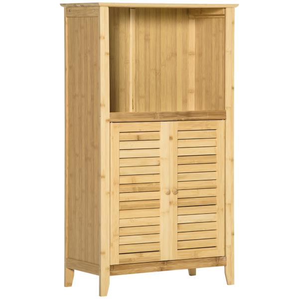 Armário Auxiliar Casa de Banho de Bambu com 2 Portas Compartimento Aberto e Prateleira Ajustável 50x25,5x92 cm Madeira