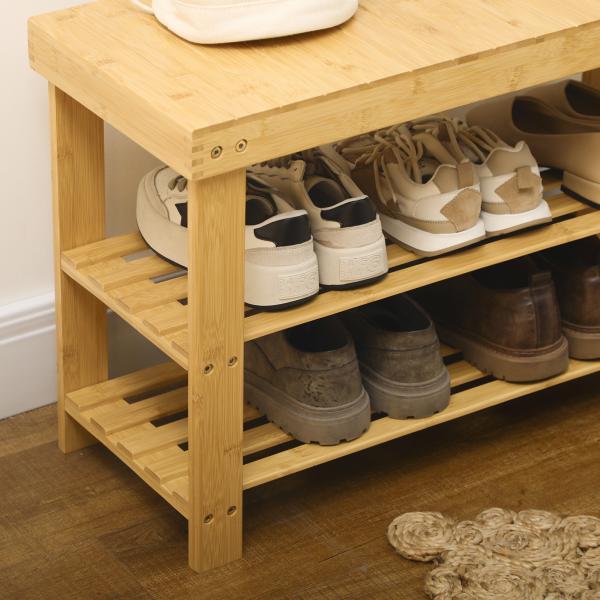 Banco Sapateira de Bambu Organizador de Sapatos com 2 Prateleiras para 6 - 9 Pares de Sapatos 70x28x45 cm Madeira