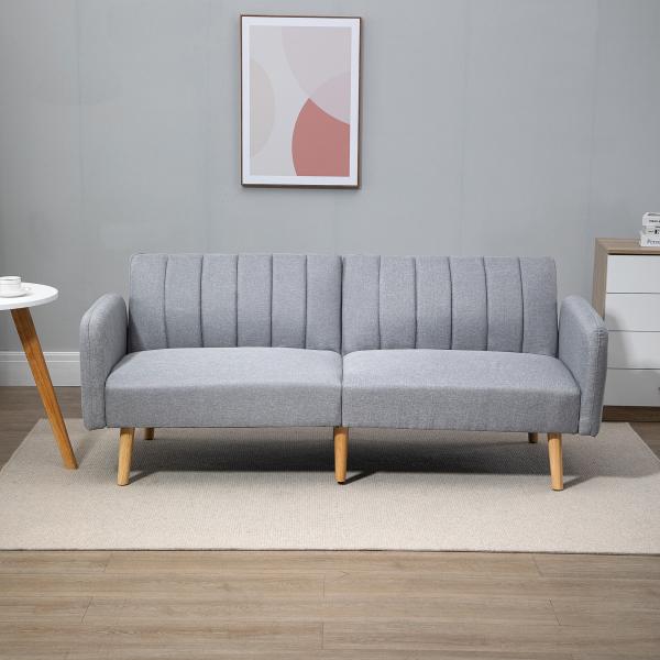 Sofá Cama de 2 Lugares com Encosto Ajustável em 3 Posições Apoio para os Braços Desmontável e Pés de Madeira Sofá Duplo Moderno para Sala de Estar Escritório 173x75x73cm Cinza
