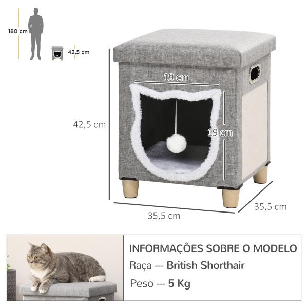 Casa para Gatos 2 em 1 com Apoio para os Pés com Almofada Amovível e Almofada para Arranhar 35,5x35,5x42,5 cm Cinza