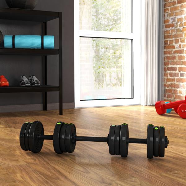 Kit de Halteres 20kg 2 em 1 com Barra de Pesos Pega Antiderrapante para Treino de Força Preto Verde