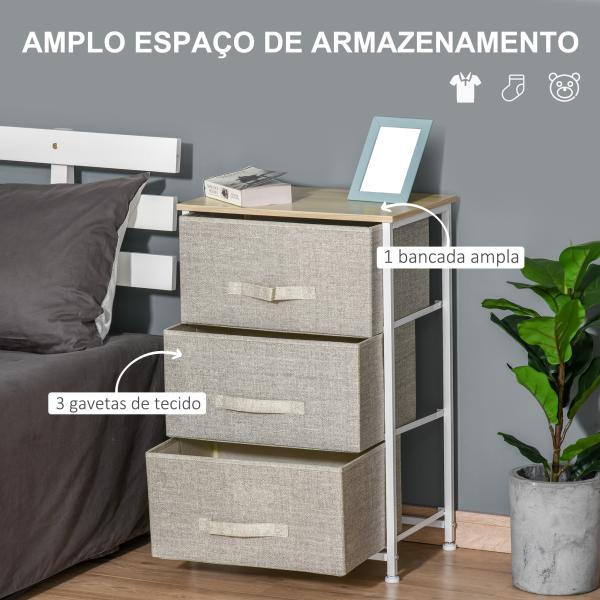 Mesa de Cabeceira com 3 Gavetas de Tecido para Dormitório Sala de Estar Corredor 45x30x71 cm Cinza e Branco
