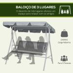 Baloiço Jardim de 3 Lugares com Toldo Ajustável Encosto Respirável e Estrutura de Metal Carga 240kg 171x108x154cm Cinza