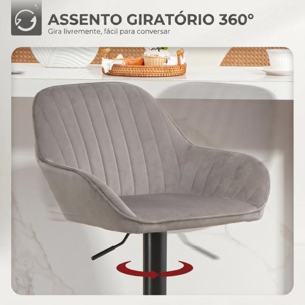 Conjunto de 2 Bancos de Bar Giratórios em Veludo, Altura Ajustável 62 - 83 cm, com Encosto e Apoio para os Pés, Cinzento