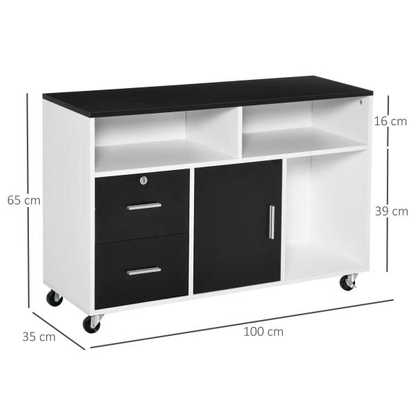 Móvel Auxiliar de Escritório Móvel Arquivador com Rodas Prateleiras Gaveta e Armário Multiuso com Grande Armazenamento 100x35x65cm Preto e Branco